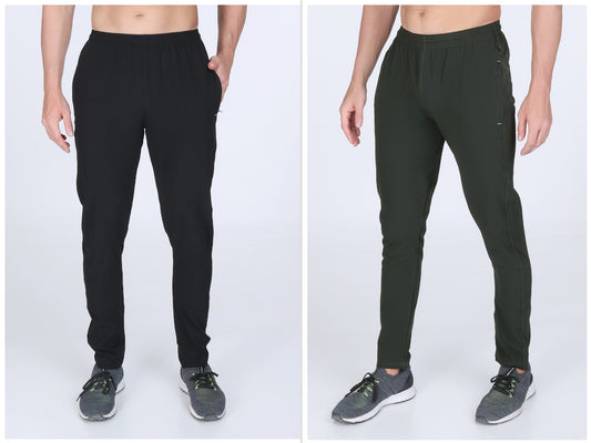 Combo of 2 Men's Terry Black and Bottle Green Lycra Stretch Track Pants