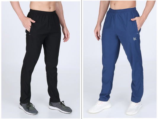 Combo of 2 Men's Twill lycra Black and Electric Blue Stretch Track Pants