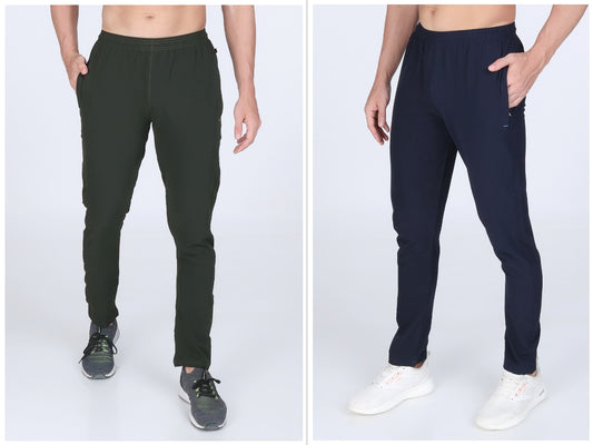 Combo of 2 Men's Terry Green and Dark Blue Lycra Stretch Track Pants