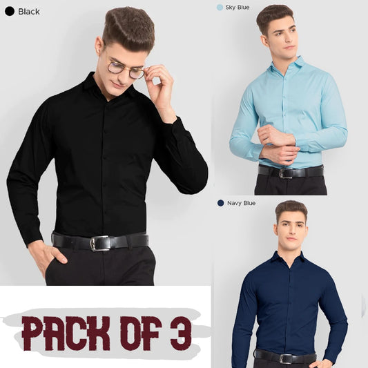 Pack of 3 - Plain Cotton Solid Shirts Combo (Grey,Blue,Sky Blue)