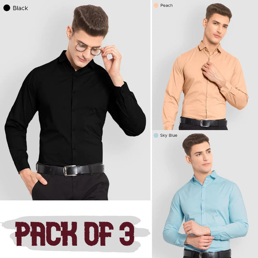 Pack of 3 - Plain Cotton Solid Shirts Combo (Black,Peach,Sky Blue)