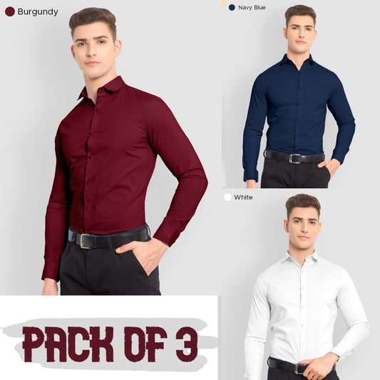 Pack of 3 - Plain Cotton Solid Shirts Combo (White,Blue,Burgundy)