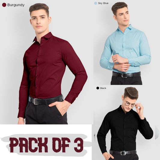 Pack of 3 - Plain Cotton Solid Shirts Combo (Light Blue,Black,Burgundy)